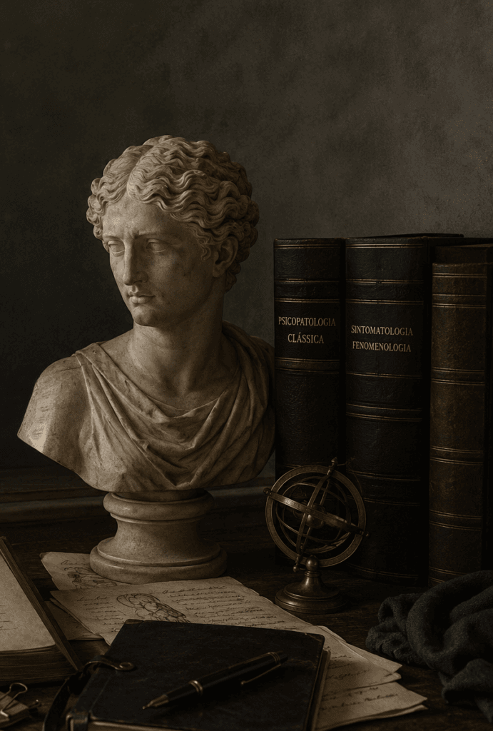 Busto clássico ao lado de livros de Psicopatologia Clássica e Sintomatologia Fenomenológica